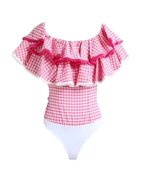 Jijil Pink Gingham Ruffle Off-Shoulder Bodysuit